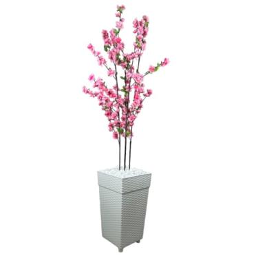 Imagem de Planta Artificial Cerejeira Rosa Bebê com Vaso de Rattan Decorativo - Ideal para Decoração de Casa, Sala e Escritório (Cerejeira Rosa 3 Hastes)