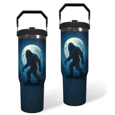 Imagem de Copo de pé grande com alça caneca de viagem Sasquatch xícara de café pé grande garrafa de aço inoxidável presentes para homens mulheres impressão engraçada de vidro de pé grande (azul, 850 g)