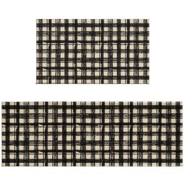 Imagem de Aytipun Tapetes de cozinha xadrez preto búfalo para chão conjunto de 2 tapetes de cozinha xadrez pretos tartan guingão decorativo antiderrapante lavável absorvente tapete de cozinha decorativo, 43 x