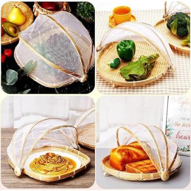 Imagem de Cesta de Piquenique em Bambu com Tampa de Tule - Armazenamento Elegante para Alimentos(Redondo 30cm)