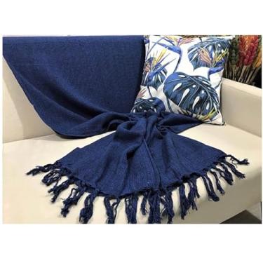 Imagem de Manta Para Sofá Gigante 100% Algodão Artesanal | Cobertura Decorativa para Sofá ou Cama, Franja Feita à Mão, Charme e Conforto(Azul marinho mesclado)