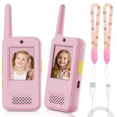 Imagem de Walkie Talkies de vídeo para crianças com 6 efeitos de voz, suporte para enviar voz, fotos, emojis e selfies, presentes de aniversário de Natal para crianças, acampamento interno e externo (rosa)