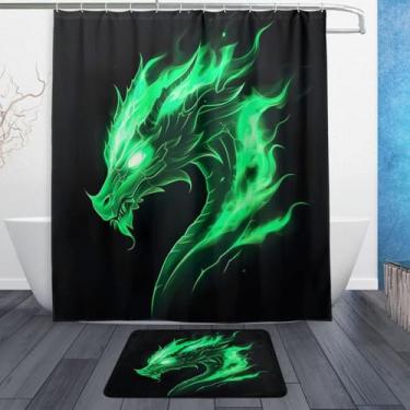Imagem de xigua Conjunto de tapetes de cortina de banho de dragão verde chama, 2 peças, conjunto temático de banheiro (152 x 182 cm) com cortina de chuveiro e tapete antiderrapante -12 ganchos234