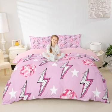 Imagem de Conjunto de capa de edredom feminino Western Cowgirly, tamanho casal, bola de discoteca, estrela, flash, fofo, decoração de quarto de meninas, mulheres, geométrico, ponto relâmpago, patchwork, rosa,
