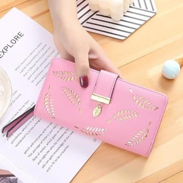 Imagem de Carteira feminina dobrável de folha longa com porta-cartões com zíper e fivela elegante bolsa de mão para mulheres, rosa, 7.32 x 3.74 x 1.3 inches, Tendência