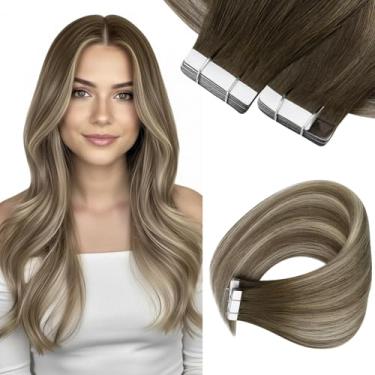Imagem de Sunny Hair Extensões de cabelo humano com fita adesiva, marrom balayage com extensões de cabelo loiro fita em extensões de cabelo humano real de 61 cm em extensões 40 peças 100 g