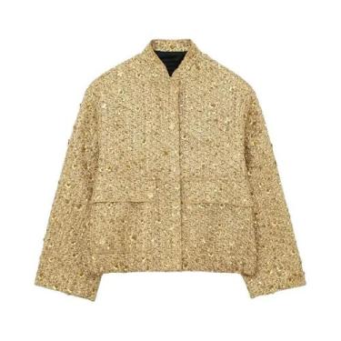 Imagem de Jaqueta De Lantejoulas Douradas Para Mulheres Estilo Y2K Com Gola Alta