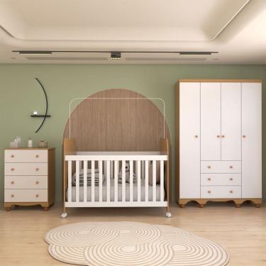 Imagem de Quarto de Bebê Completo Sueño 4 Portas 7 Gavetas 100% Mdf Branco Brilho/Amêndoa - Panorama Móveis