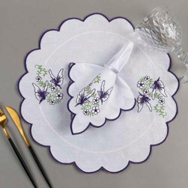 Imagem de Kit 12 Jogos Americanos Guardanapos De Mesa Redondo Bordado Borboleta 