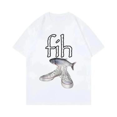 Imagem de Camiseta Feminina Casual Da Moda Com Estampa De Meme De Peixe, Manga C