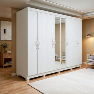 Imagem de Guarda-roupa Casal 8 Portas 6 Gavetas com Espelho e Pés Mdf Serenata Branco