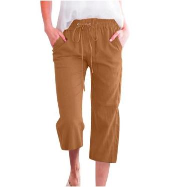 Imagem de Calças Capri femininas com cordão, elástico, cintura alta, linho D03 -