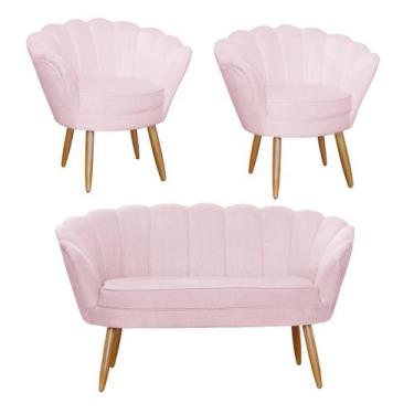 Imagem de Combo Pétala Namoradeira e 2 Poltronas Decorativa Estofada Suede Rosa 