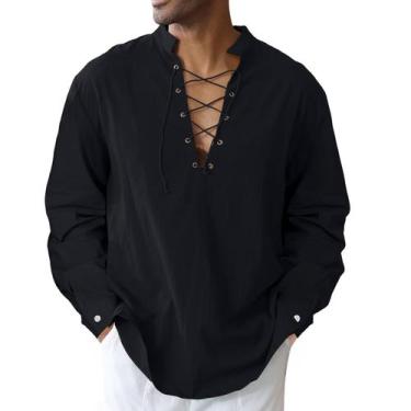 Imagem de Camisa CTU masculina de algodão e linho medieval Viking Pirate preta 4