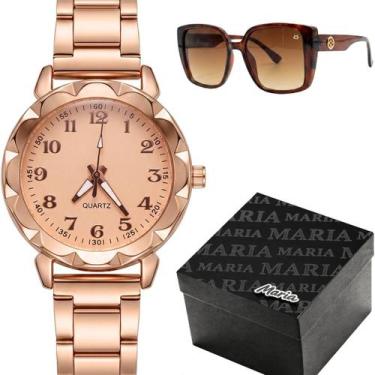 Imagem de relogio feminino aco banhado + oculos protecao uv + caixa ouro marrom 