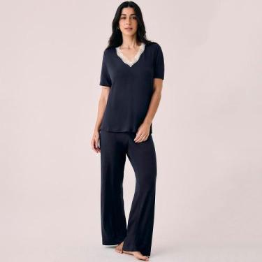 Imagem de Pijama Longo Hope Moon Viscose e Renda In26 Azul Feminino