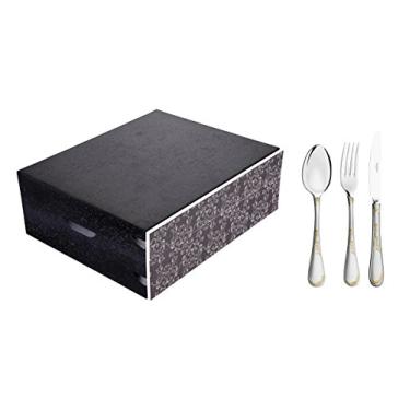 Imagem de Faqueiro Tramontina Renascença em Aço Inox com Facas de Mesa Detalhes em Ouro Acabamento Brilho e Fosco Estojo de Madeira 101 Peças