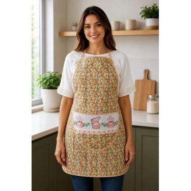 Imagem de Avental de Cozinha Floral Laranja Matelado com Bolso Bordado Ponto Cru