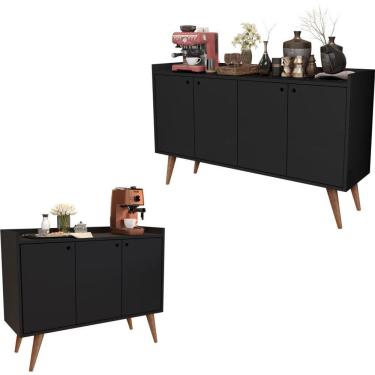 Imagem de Kit Aparador Buffet Retrô 4 Portas Dallas Preto E Aparador Buffet Retrô 3 Portas Wood Preto