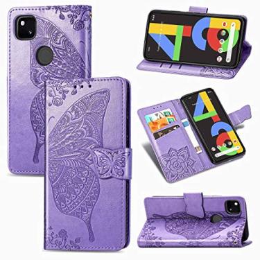 Imagem de YUNCHAO Caixa de telefone Para o Google Pixel 4A Butterfly Love Flower em relevo horizontal flip em couro com suporte/slot de cartão/carteira/cordão capa para celular