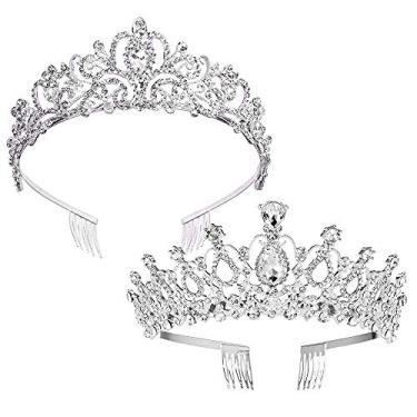 Imagem de Tiara de noiva ZOCONE com strass, pacote com 2, coroa de casamento de cristal para noivas e daminhas com pente (cristal)