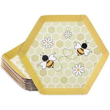 Imagem de Whaline 24 peças pratos de abelha padrão de abelha pratos de papel seguros descartáveis talheres de mesa pratos amarelos brancos para festa de aniversário primavera verão suprimentos de piquenique aperitivos frutas decoração de sobremesa