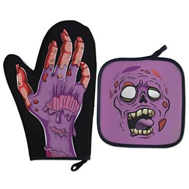 Imagem de Kit Luva Térmica Geek Mão de Zumbi Cozinha Divertida cor:Roxo