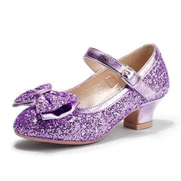 Imagem de PANDANINJIA Sapato Mary Jane vestido jada para meninas e crianças pequenas com salto laço festa casamento princesa sapatos, Rubi roxo lantejoulas, 9 Toddler