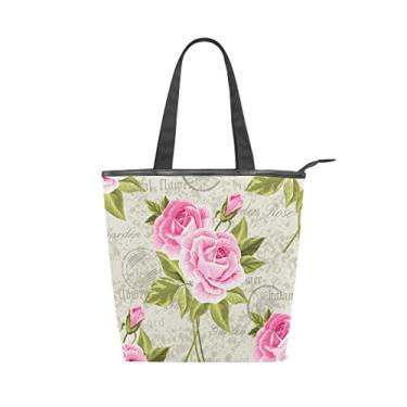 Imagem de Bolsa feminina durável de lona vintage rosas rosa grande capacidade sacola de compras bolsa de ombro