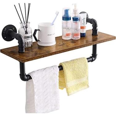 Imagem de Prateleiras Montadas Na Parede Do Banheiro Com Tubo Industrial Com Porta-toalha, Prateleira De Madeira Rústica Com Barra De Toalha, Prateleiras Flutuantes Para Tubo,Estilo De Prateleira De 1 Nível