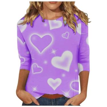 Imagem de Elogoog Camisa feminina de dia dos namorados com manga 3/4, linda estampa de coração, blusa de manga comprida com lantejoulas e ombros de fora, Roxo #1, GG
