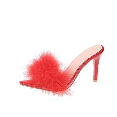 Imagem de ZIRIA Chinelos femininos de penas de salto alto de pele de PVC sandálias femininas sapatos de salto alto sandálias femininas sapatos de salto alto branco rosa preto, Vermelho, 42