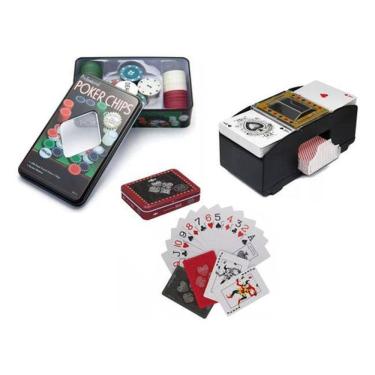 Imagem de Kit Poker 100 Fichas + Embaralhador De Cartas + 2 Baralhos