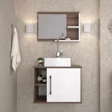 Imagem de Conjunto para Banheiro Gabinete com Cuba Quadrada Q32 e Espelheira Laura 600 Yescasa Nogal/Branco Chess