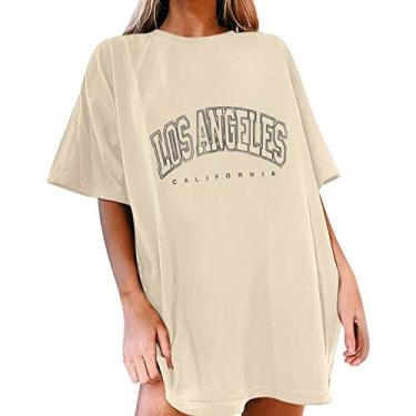 Imagem de Los Angeles Califórnia – Camiseta vintage grande para mulheres pulôver manga curta ombro caído Casual Top Túnica Camiseta Meninas adolescentes Camisola Top com Sólido C26-Cáqui Large
