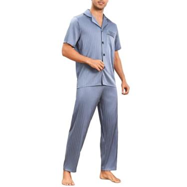 Imagem de WDIRARA Conjunto de pijama masculino de 2 peças de pijama listrado de manga curta com botões e calça, Azul, X-Large