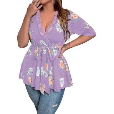 Imagem de SOLY HUX Camiseta feminina plus size peplum gola V laço frontal estampa floral acabamento em renda casual, Floral roxo violeta, 3G Plus Size