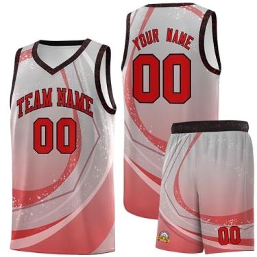 Imagem de Camiseta de basquete personalizada - Número do nome do time personalizado uniforme esportivo para homens mulheres jovens, Cinza e vermelho-19, One Size