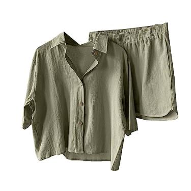 Imagem de Conjunto de 2 conjuntos de roupas de verão para mulheres verão cor sólida lapela botão blusa curta solta manga curta cintura elástica, Verde, GG