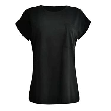Imagem de Blusas femininas de treino com ombros de fora, manga curta, tamanho grande, Y2K, blusas de algodão, camisetas recortadas, túnica básica, Preto, GG