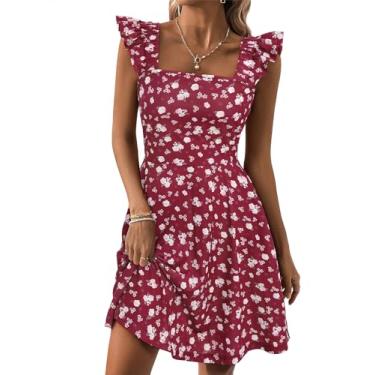 Imagem de TORARY Vestidos de verão para mulheres 2024 manga com babados gola quadrada casual primavera vestidos com bolsos, Vinho, floral, G