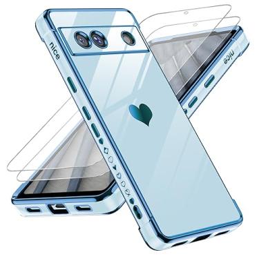 Imagem de LeYi Capa para Google Pixel 7A com protetor de tela de vidro temperado [2 peças] + proteção total da lente da câmera, amor coração chapeado feminino bonito luxo macio TPU à prova de choque para Pixel 7A, Sierra Blue