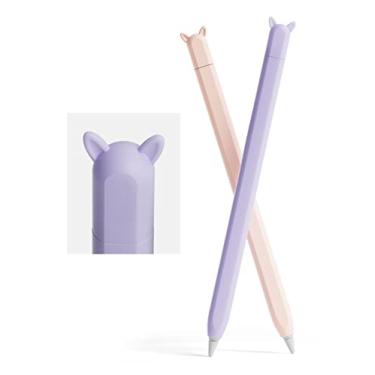 Imagem de Pacote com 2 capas de silicone fofas compatíveis com Apple Pencil 2ª geração, acessórios compatíveis com iPad Pro 11 de 12,9 polegadas, rosa e roxo