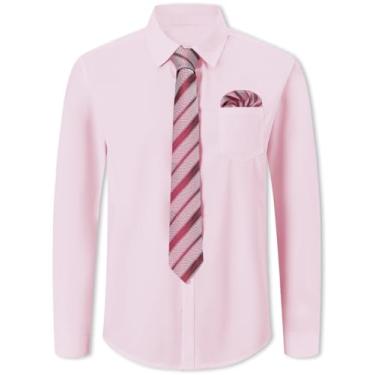 Imagem de SANGTREE Conjunto masculino de camisa social e gravata, camisa de botão de manga comprida com gravata e lenço combinando, Rosa claro - A, M