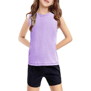 Imagem de Haloumoning Camiseta regata infantil sem mangas atlética leve linda verão roupa de dança 5-14 anos, Roxa, 13-14 Anos