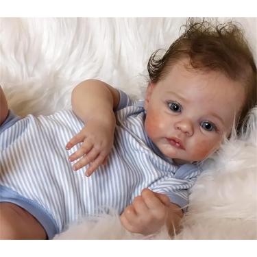 Imagem de QIYANER 49 CM bebê reborn realista,boneca bebe reborn silicone realista,Abra os olhos roupas listradas brancas laváveis bebê reborn menino de silicone boneca recém-nascida,Silicone