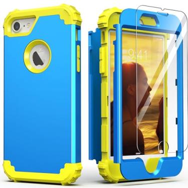 Imagem de IDweel Capa para iPhone 8 com protetor de tela (vidro temperado), capa para iPhone 7, capa 3 em 1 à prova de choque híbrida resistente de policarbonato rígido de silicone macio durável capa durável de corpo inteiro, azul celeste/amarelo