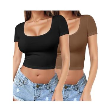 Imagem de Camiseta feminina de 2 peças, gola quadrada, manga curta, Y2K, justa, casual, com camada de base, para treino, Preto, marrom., P