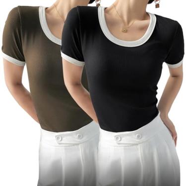 Imagem de Gihuo Pacote com 2 camisetas femininas de manga curta básica para sair 2024 verão gola redonda Color Block 2024 Top canelado, Preto + marrom, P