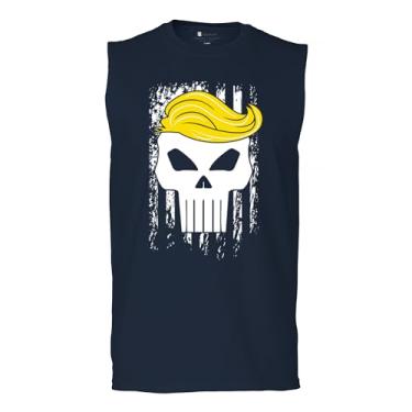 Imagem de Tee Hunt Camiseta masculina Trump Flag 2024 Muscle Make America First Great Again Deplorable Skull My President MAGA Republican FJB, Azul marinho, M